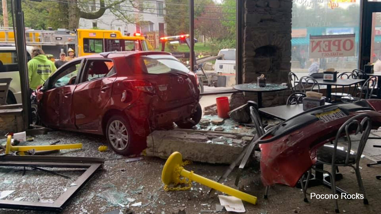 Cars crash into Pocono Rocks inside scene